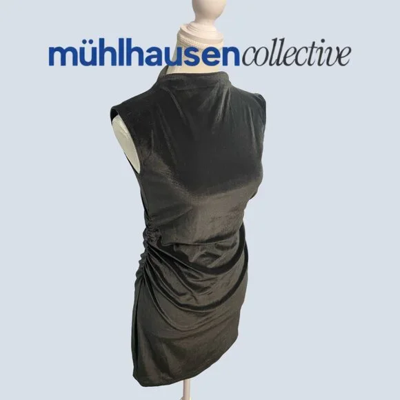 NWT A New Day Black Velvet Ruched Mini Dress Sleeveless Mock Neck - Picture 2 of 4